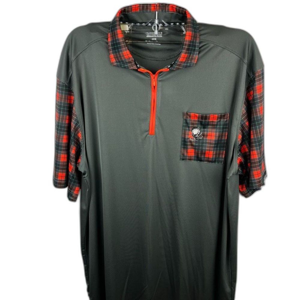 Tattoo Golf Polo Shirt Men's 3XL Black Plaid Short Sleeve Pocket Skull‎ 1/4 Zip
